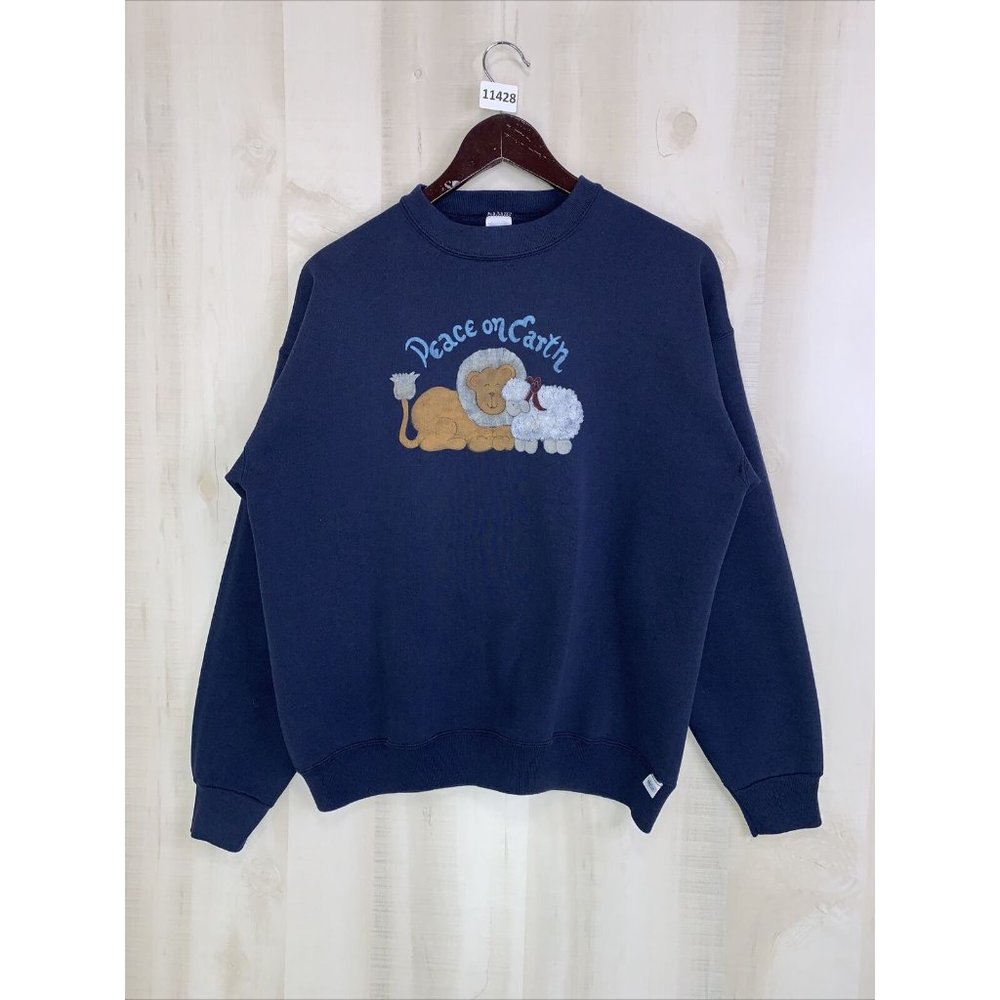 Vintage 90s Discus Athletic “Peace On Earth” Blue Graphic Women’s Sweatshirt Lrg